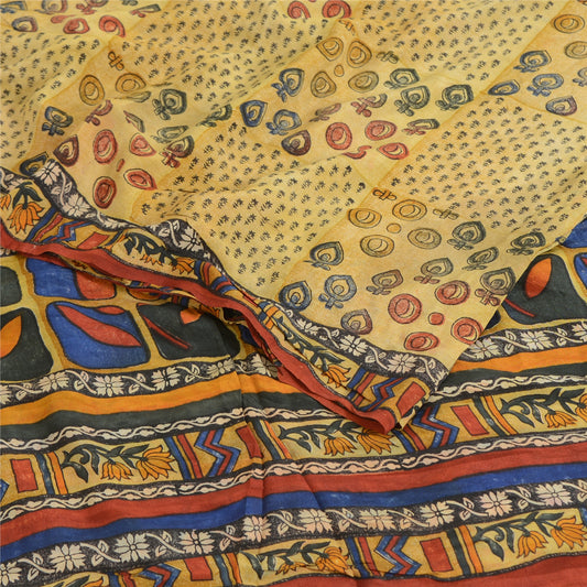 Sanskriti Vintage Sarees Pale Cream Pure Crepe Silk Print Sari 6yd Craft Sustainable Fabric