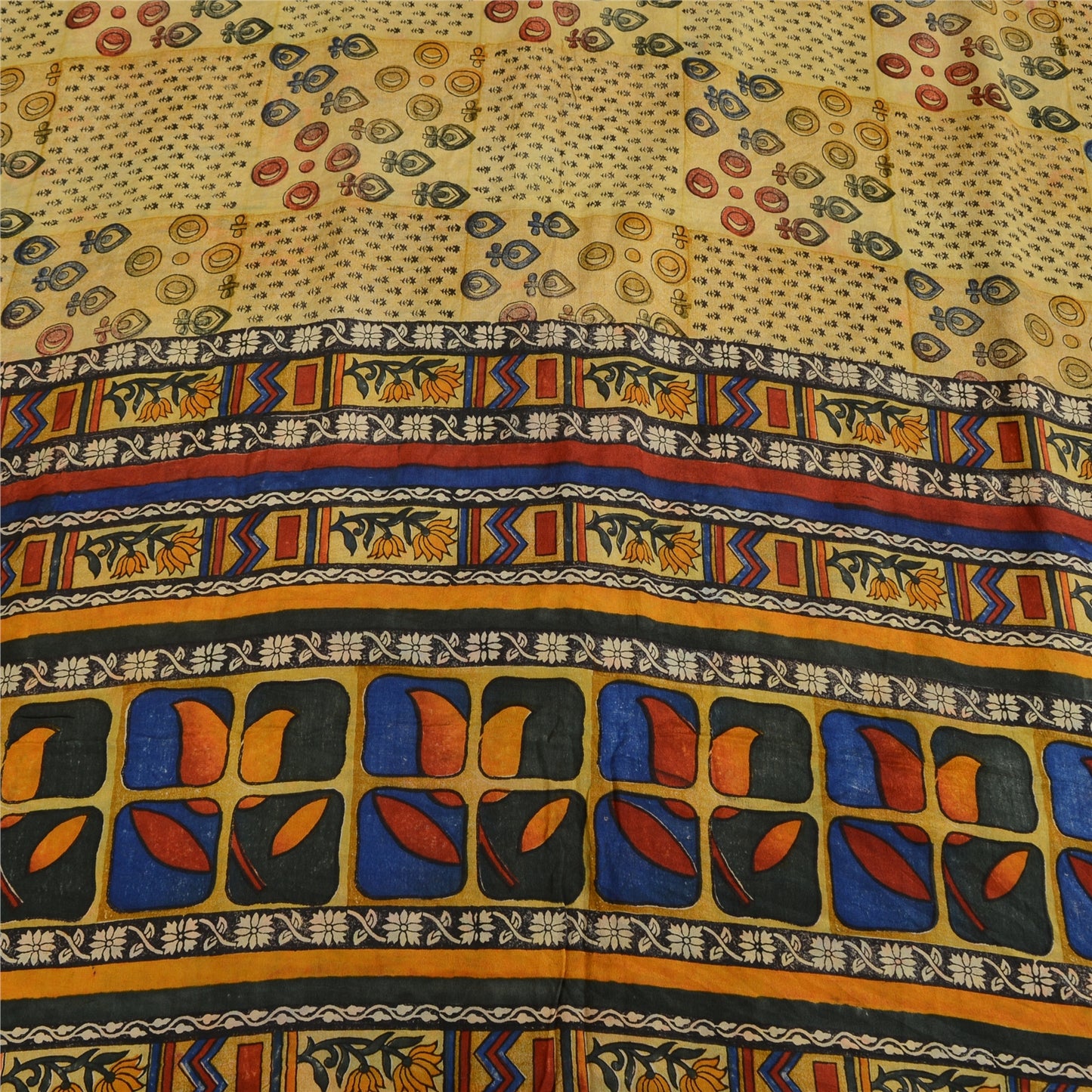 Sanskriti Vintage Sarees Pale Cream Pure Crepe Silk Print Sari 6yd Craft Sustainable Fabric