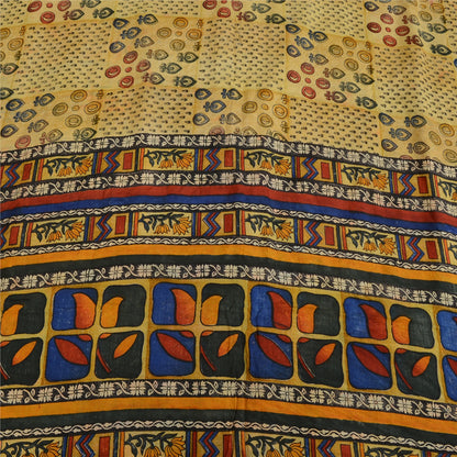 Sanskriti Vintage Sarees Pale Cream Pure Crepe Silk Print Sari 6yd Craft Sustainable Fabric