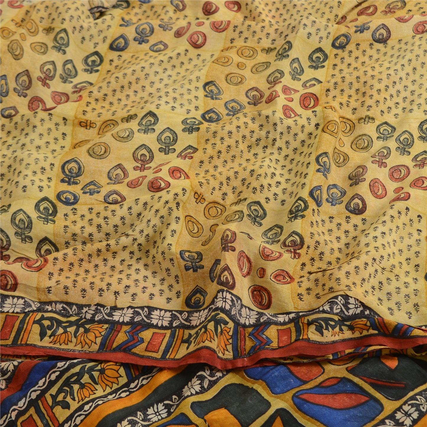 Sanskriti Vintage Sarees Pale Cream Pure Crepe Silk Print Sari 6yd Craft Sustainable Fabric