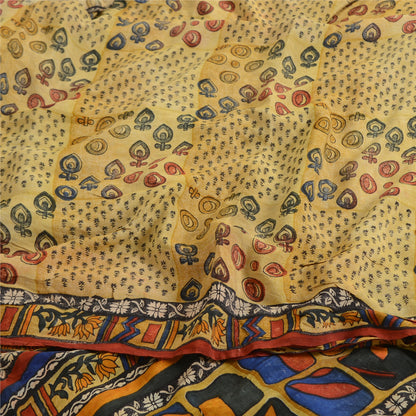 Sanskriti Vintage Sarees Pale Cream Pure Crepe Silk Print Sari 6yd Craft Sustainable Fabric