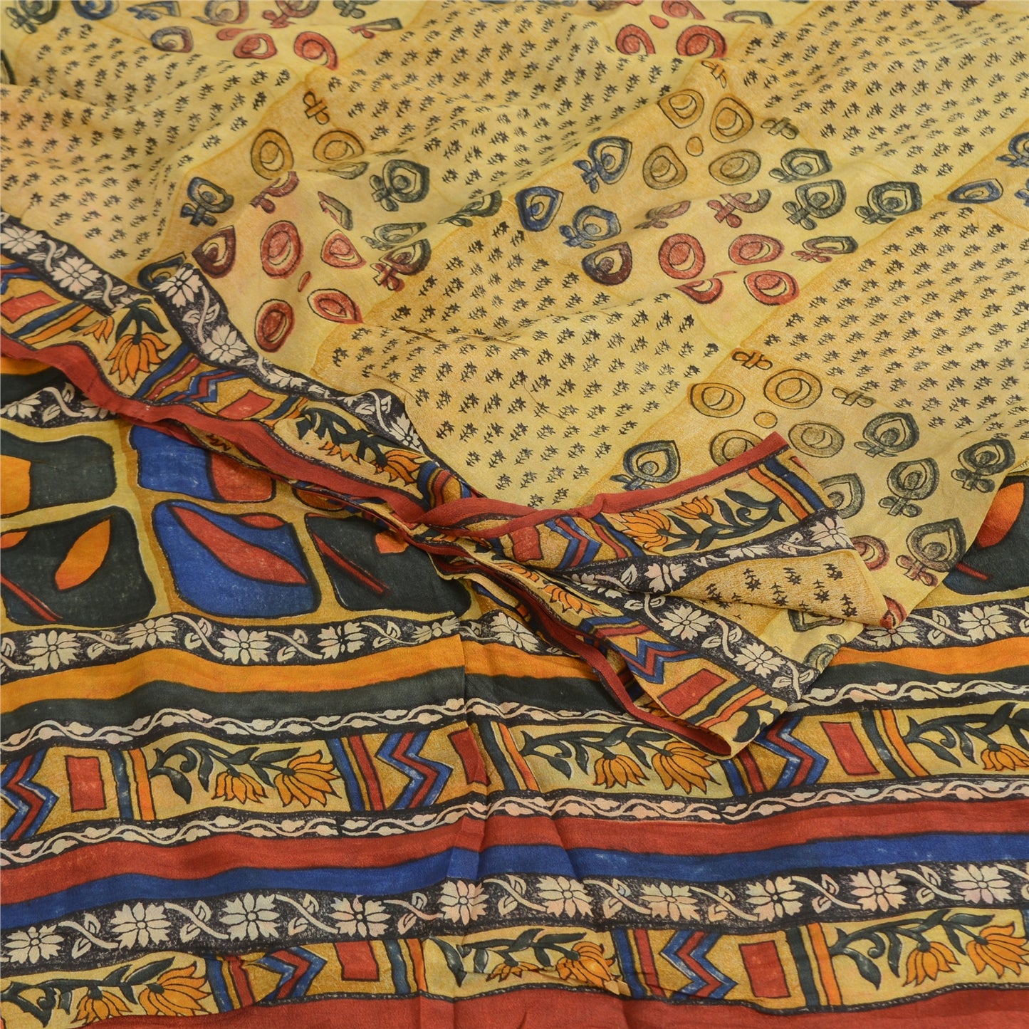 Sanskriti Vintage Sarees Pale Cream Pure Crepe Silk Print Sari 6yd Craft Sustainable Fabric