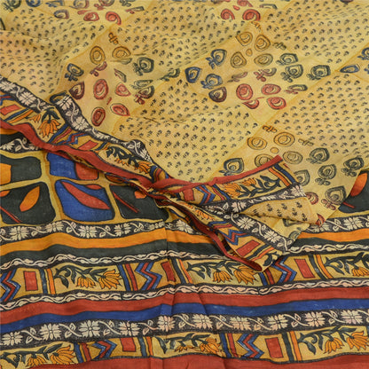 Sanskriti Vintage Sarees Pale Cream Pure Crepe Silk Print Sari 6yd Craft Sustainable Fabric