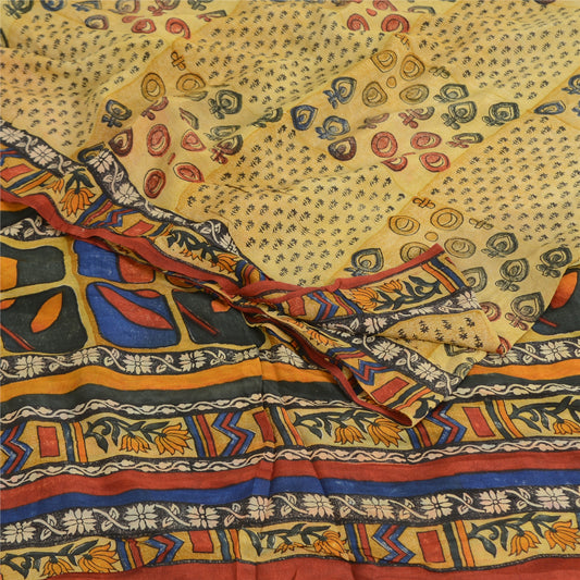 Sanskriti Vintage Sarees Pale Cream Pure Crepe Silk Print Sari 6yd Craft Sustainable Fabric