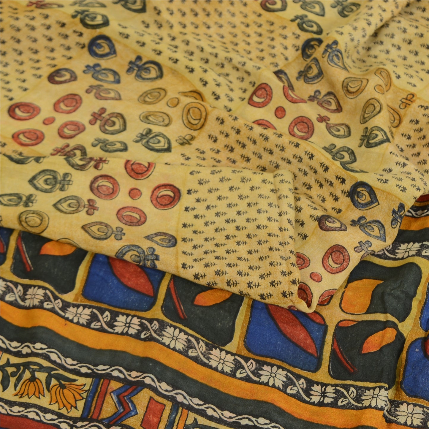 Sanskriti Vintage Sarees Pale Cream Pure Crepe Silk Print Sari 6yd Craft Sustainable Fabric