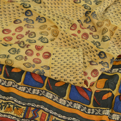 Sanskriti Vintage Sarees Pale Cream Pure Crepe Silk Print Sari 6yd Craft Sustainable Fabric