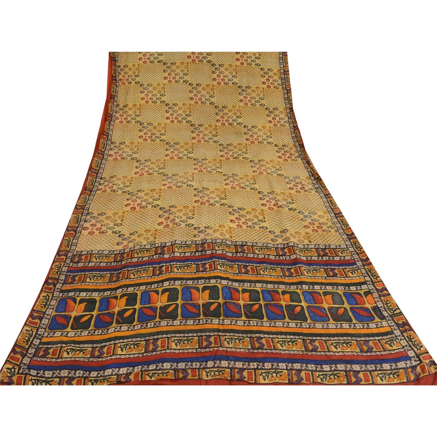 Sanskriti Vintage Sarees Pale Cream Pure Crepe Silk Print Sari 6yd Craft Sustainable Fabric