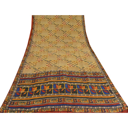 Sanskriti Vintage Sarees Pale Cream Pure Crepe Silk Print Sari 6yd Craft Sustainable Fabric