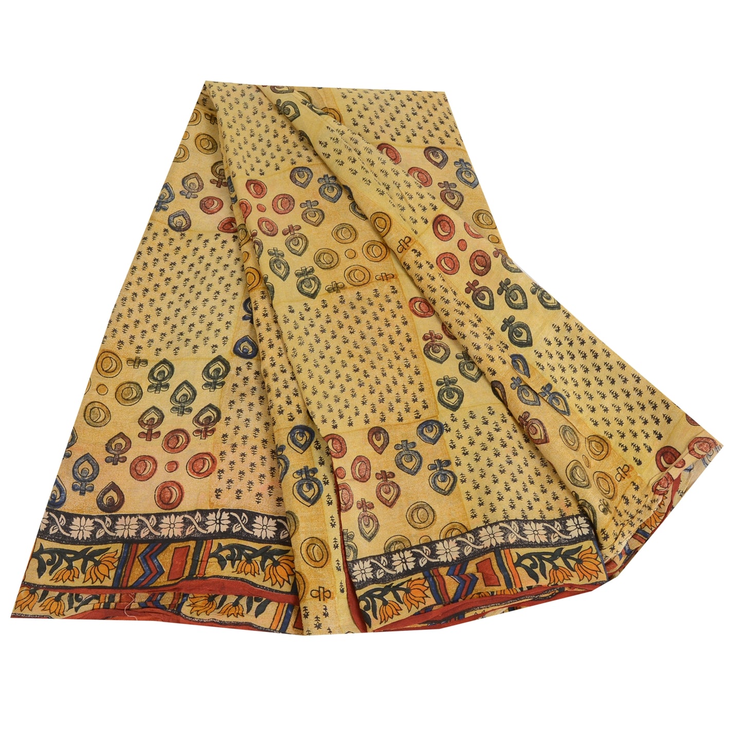 Sanskriti Vintage Sarees Pale Cream Pure Crepe Silk Print Sari 6yd Craft Sustainable Fabric