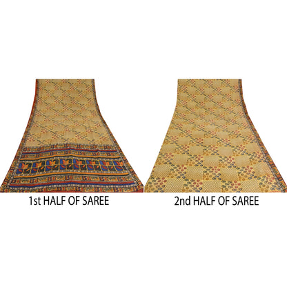 Sanskriti Vintage Sarees Pale Cream Pure Crepe Silk Print Sari 6yd Craft Sustainable Fabric