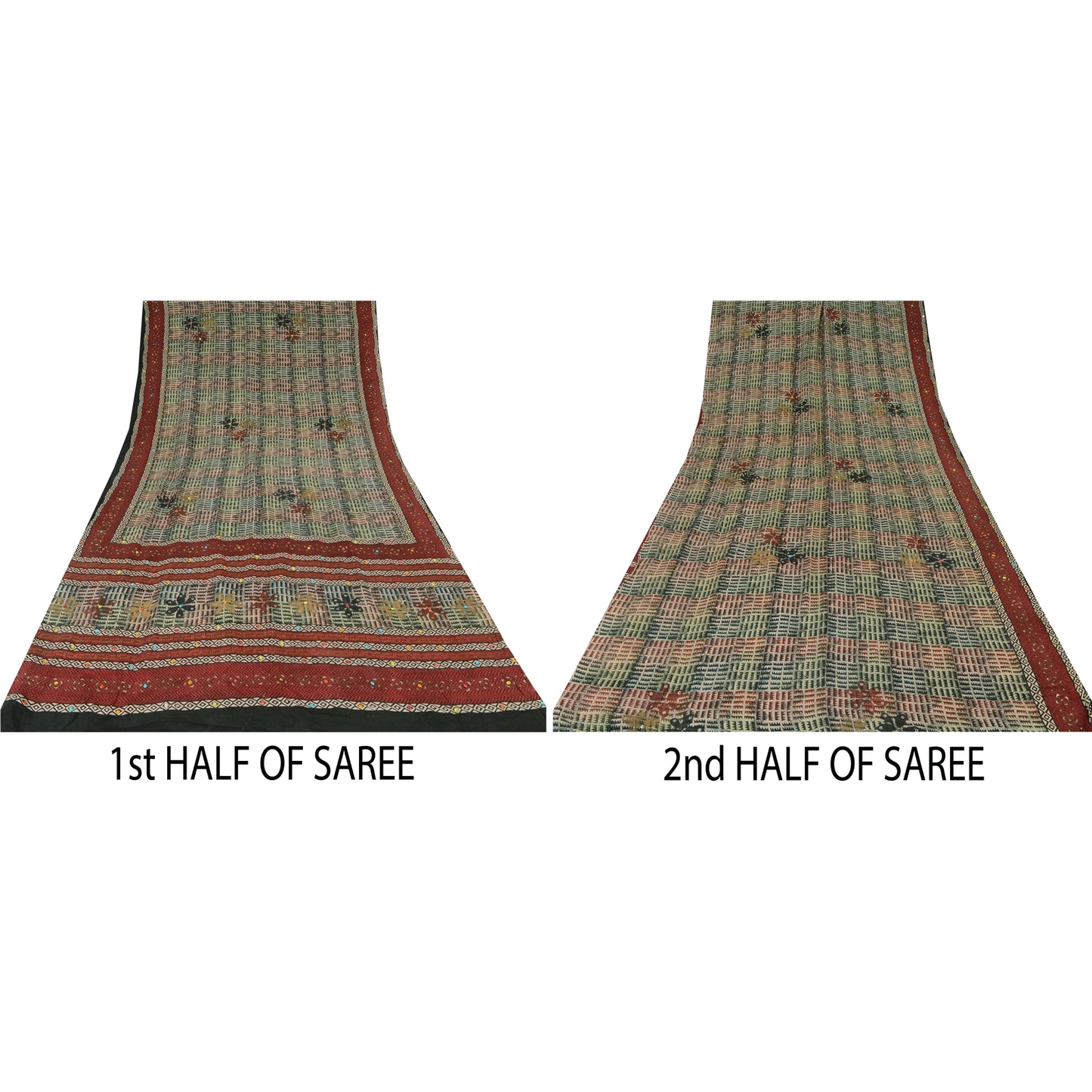 Sanskriti Vintage Sarees Ivory Hand Beaded Pure Crepe Printed Sari 5yd Sustainable Fabric