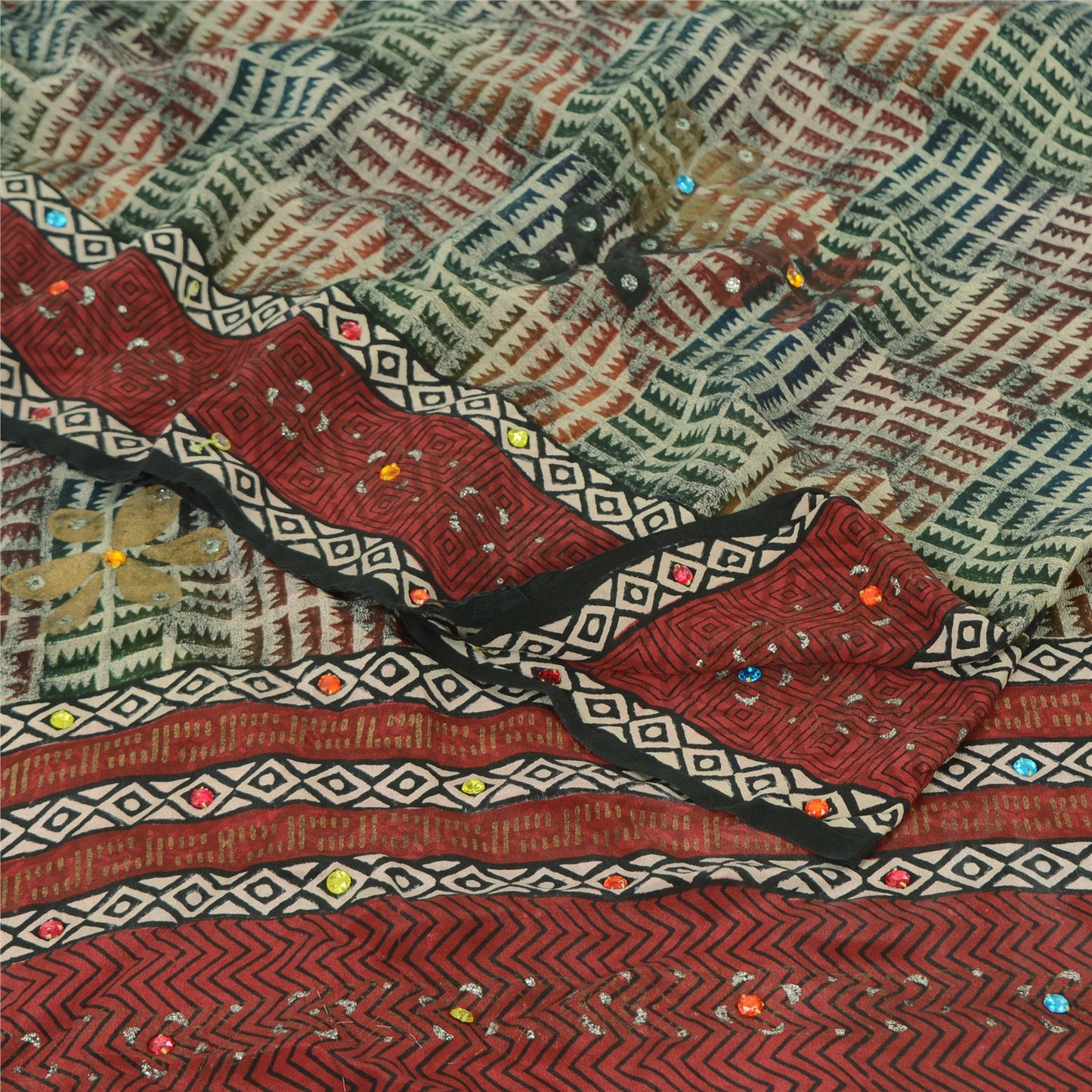 Sanskriti Vintage Sarees Ivory Hand Beaded Pure Crepe Printed Sari 5yd Sustainable Fabric