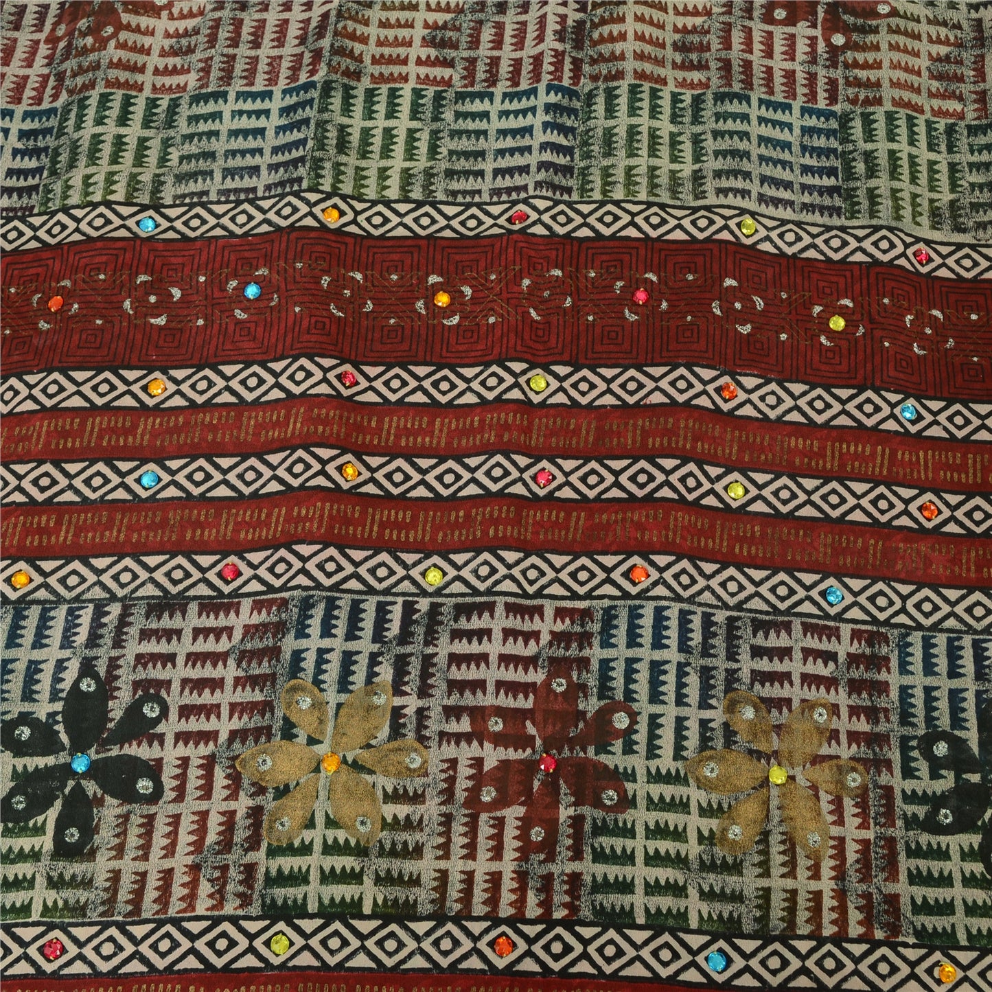 Sanskriti Vintage Sarees Ivory Hand Beaded Pure Crepe Printed Sari 5yd Sustainable Fabric