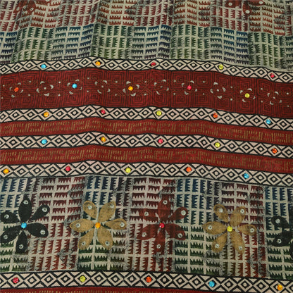 Sanskriti Vintage Sarees Ivory Hand Beaded Pure Crepe Printed Sari 5yd Sustainable Fabric