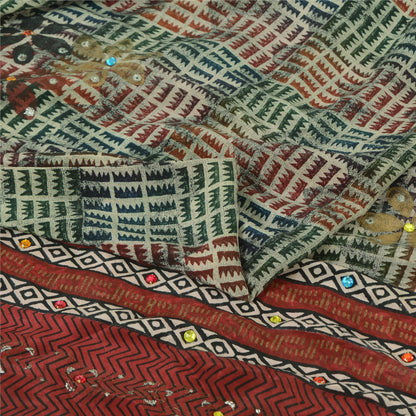 Sanskriti Vintage Sarees Ivory Hand Beaded Pure Crepe Printed Sari 5yd Sustainable Fabric