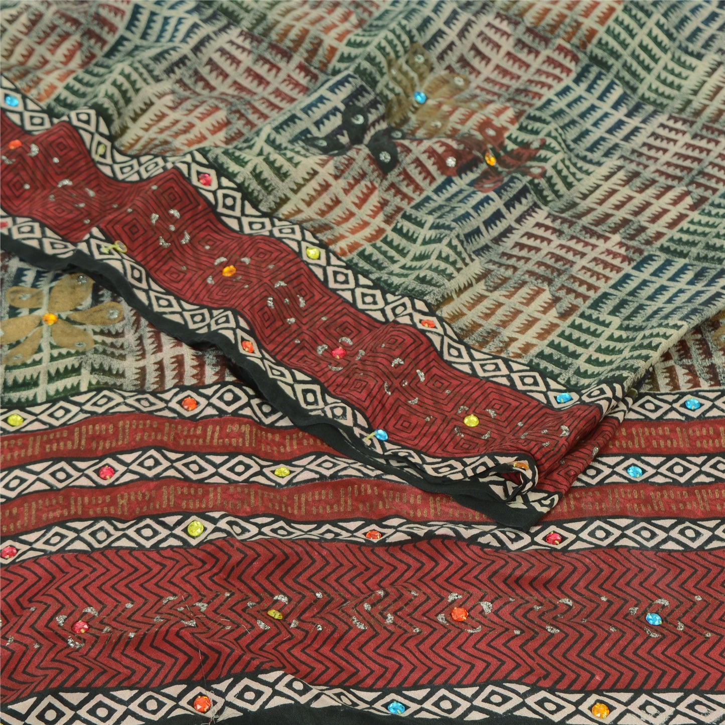 Sanskriti Vintage Sarees Ivory Hand Beaded Pure Crepe Printed Sari 5yd Sustainable Fabric