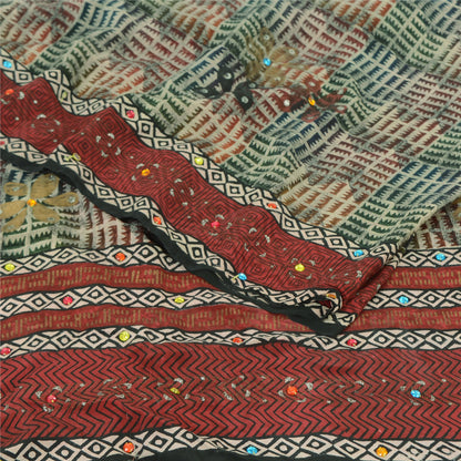 Sanskriti Vintage Sarees Ivory Hand Beaded Pure Crepe Printed Sari 5yd Sustainable Fabric