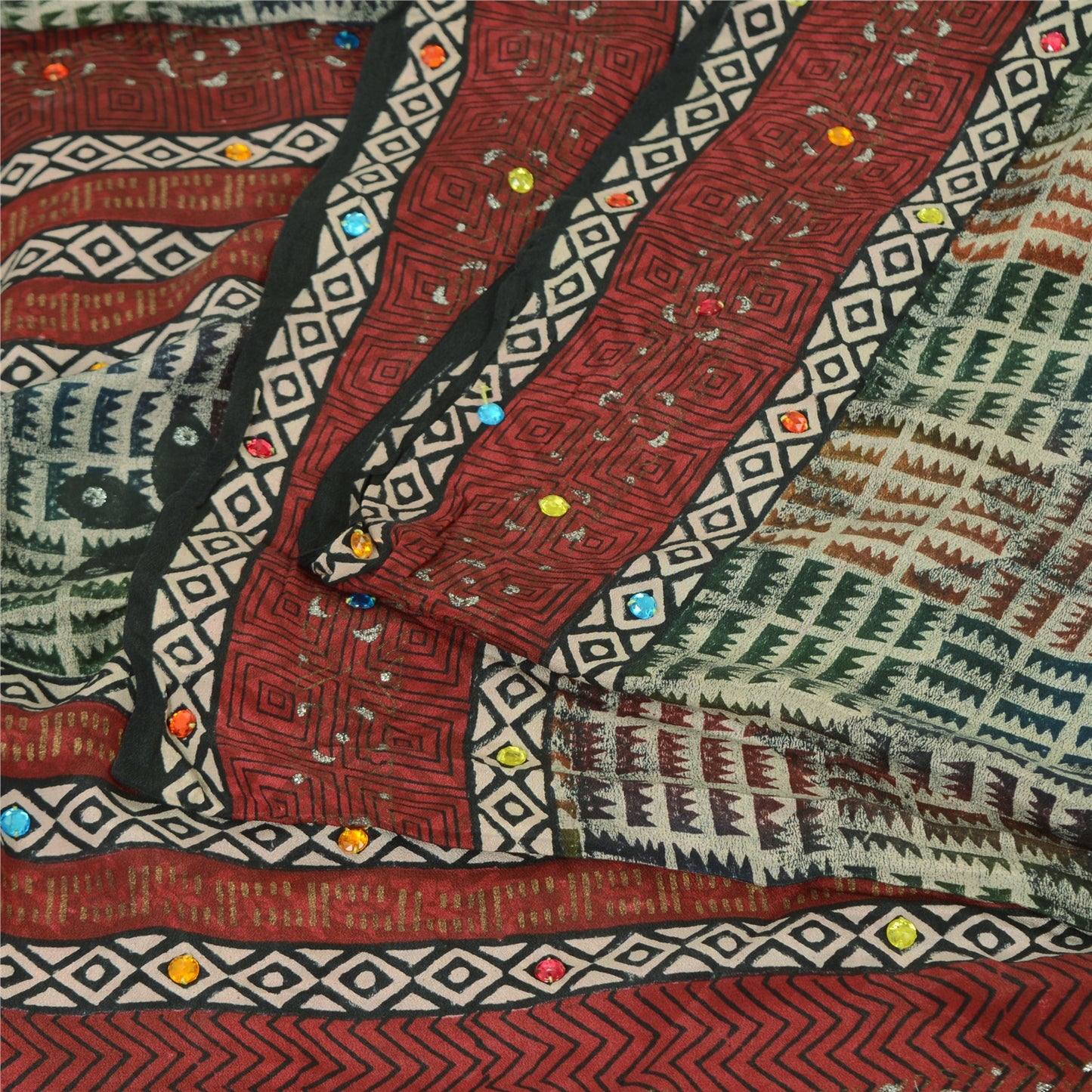 Sanskriti Vintage Sarees Ivory Hand Beaded Pure Crepe Printed Sari 5yd Sustainable Fabric