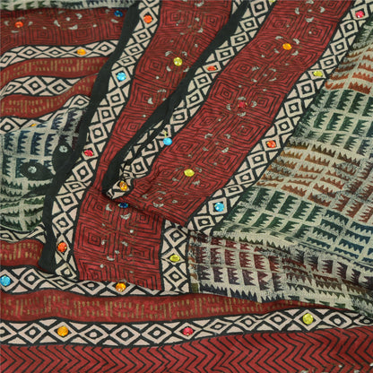 Sanskriti Vintage Sarees Ivory Hand Beaded Pure Crepe Printed Sari 5yd Sustainable Fabric