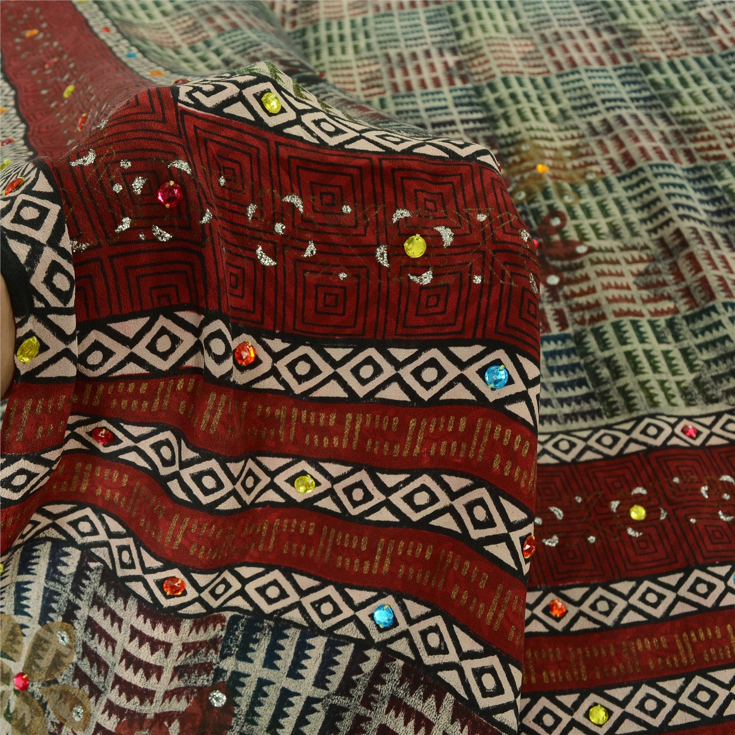 Sanskriti Vintage Sarees Ivory Hand Beaded Pure Crepe Printed Sari 5yd Sustainable Fabric