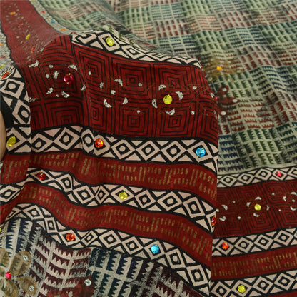 Sanskriti Vintage Sarees Ivory Hand Beaded Pure Crepe Printed Sari 5yd Sustainable Fabric