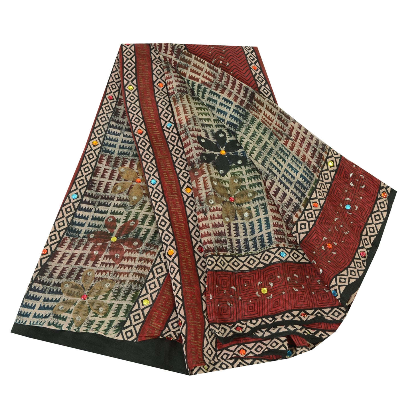 Sanskriti Vintage Sarees Ivory Hand Beaded Pure Crepe Printed Sari 5yd Sustainable Fabric