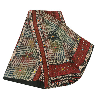 Sanskriti Vintage Sarees Ivory Hand Beaded Pure Crepe Printed Sari 5yd Sustainable Fabric