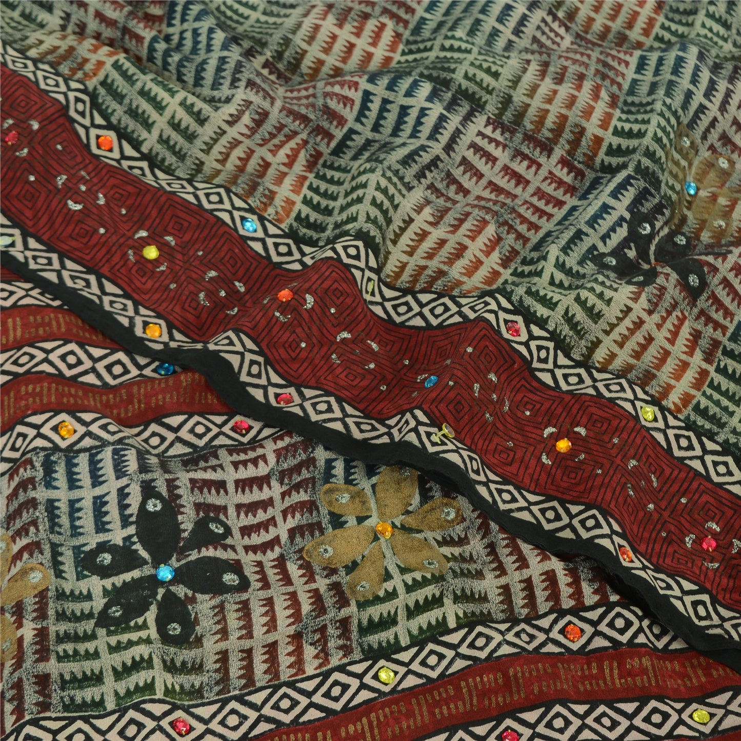 Sanskriti Vintage Sarees Ivory Hand Beaded Pure Crepe Printed Sari 5yd Sustainable Fabric