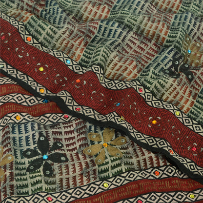 Sanskriti Vintage Sarees Ivory Hand Beaded Pure Crepe Printed Sari 5yd Sustainable Fabric