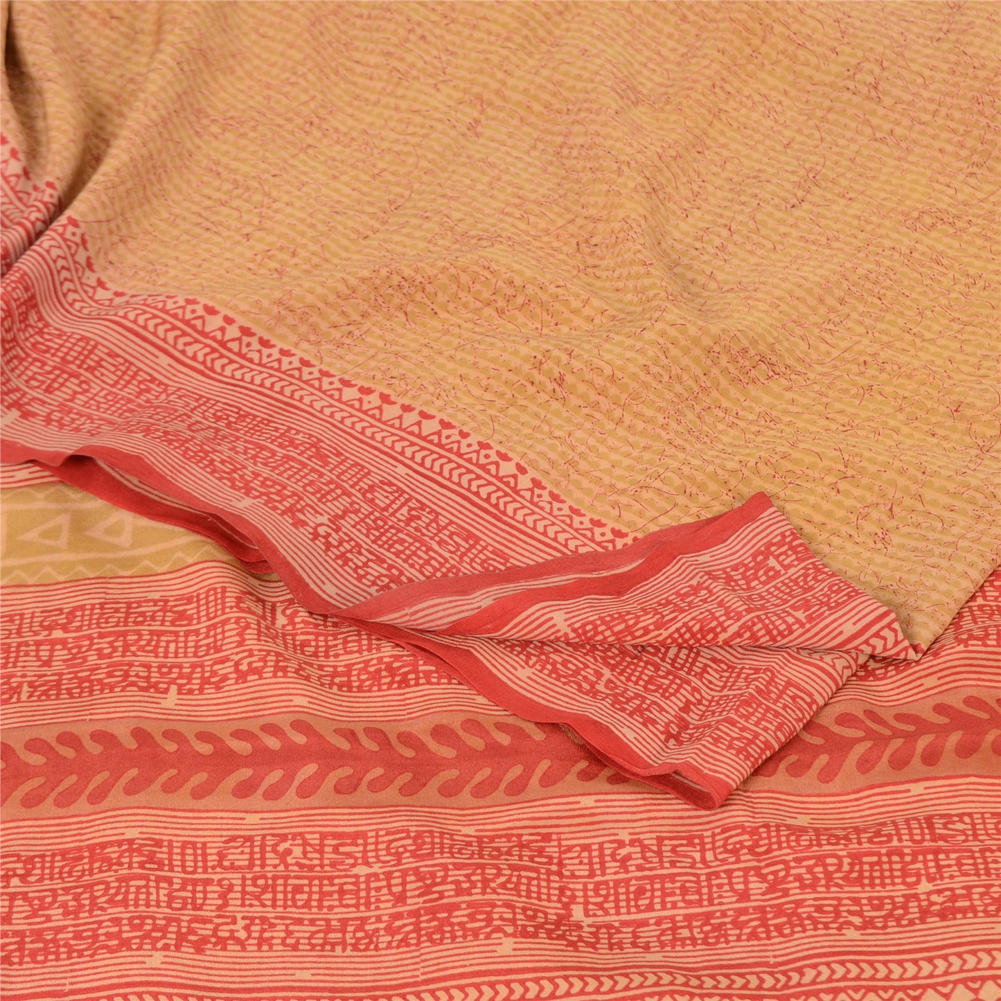 Sanskriti Vintage Sarees Beige/Red Pure Crepe Silk Printed Sari 5yd Craft Sustainable Fabric