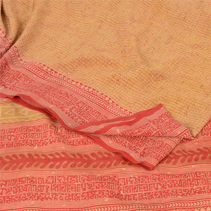 Sanskriti Vintage Sarees Beige/Red Pure Crepe Silk Printed Sari 5yd Craft Sustainable Fabric