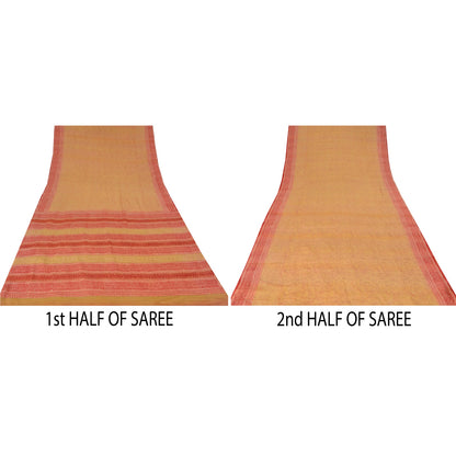 Sanskriti Vintage Sarees Beige/Red Pure Crepe Silk Printed Sari 5yd Craft Sustainable Fabric