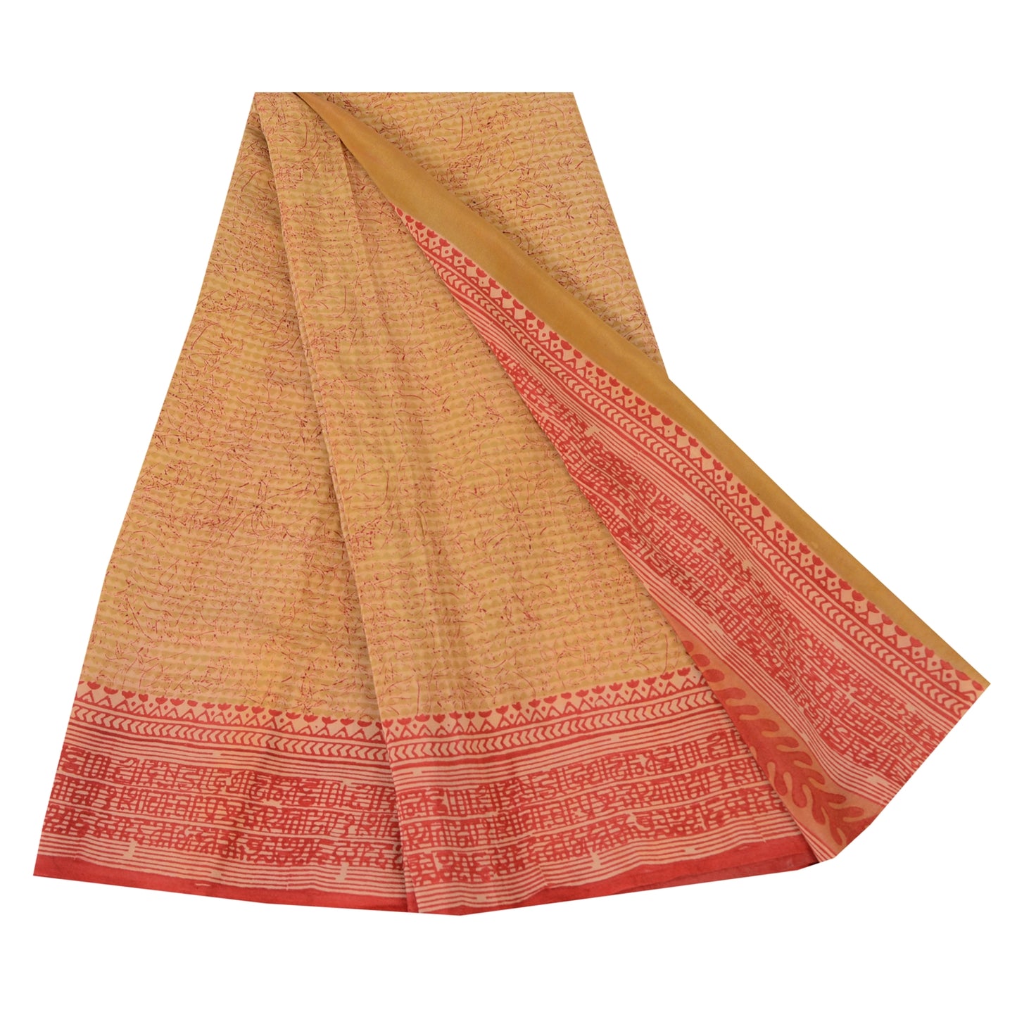 Sanskriti Vintage Sarees Beige/Red Pure Crepe Silk Printed Sari 5yd Craft Sustainable Fabric