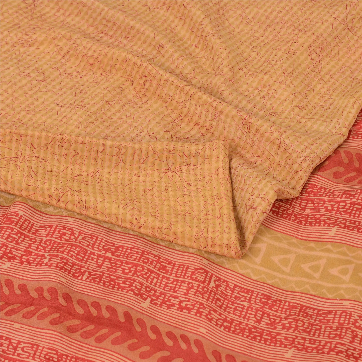 Sanskriti Vintage Sarees Beige/Red Pure Crepe Silk Printed Sari 5yd Craft Sustainable Fabric