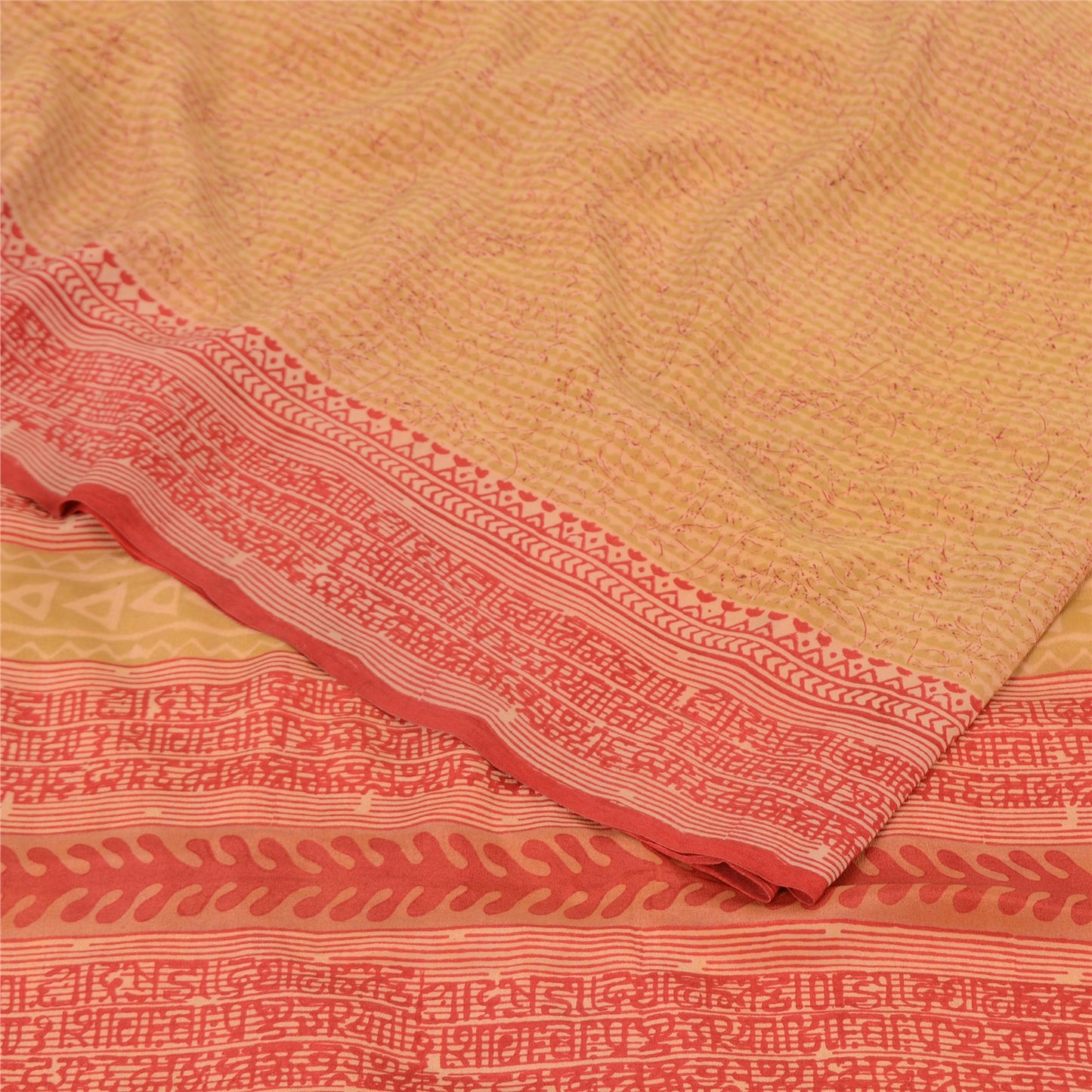 Sanskriti Vintage Sarees Beige/Red Pure Crepe Silk Printed Sari 5yd Craft Sustainable Fabric