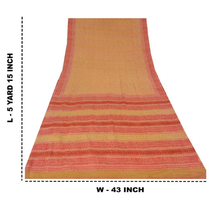 Sanskriti Vintage Sarees Beige/Red Pure Crepe Silk Printed Sari 5yd Craft Sustainable Fabric
