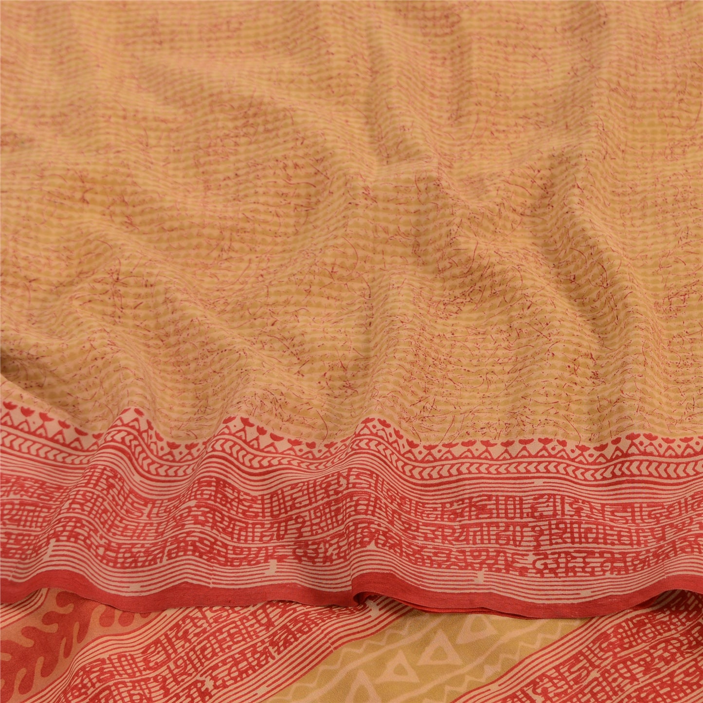 Sanskriti Vintage Sarees Beige/Red Pure Crepe Silk Printed Sari 5yd Craft Sustainable Fabric