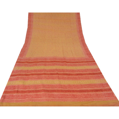 Sanskriti Vintage Sarees Beige/Red Pure Crepe Silk Printed Sari 5yd Craft Sustainable Fabric