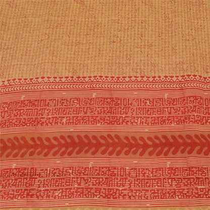 Sanskriti Vintage Sarees Beige/Red Pure Crepe Silk Printed Sari 5yd Craft Sustainable Fabric
