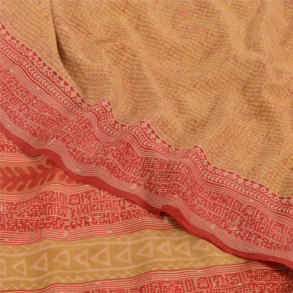 Sanskriti Vintage Sarees Beige/Red Pure Crepe Silk Printed Sari 5yd Craft Sustainable Fabric