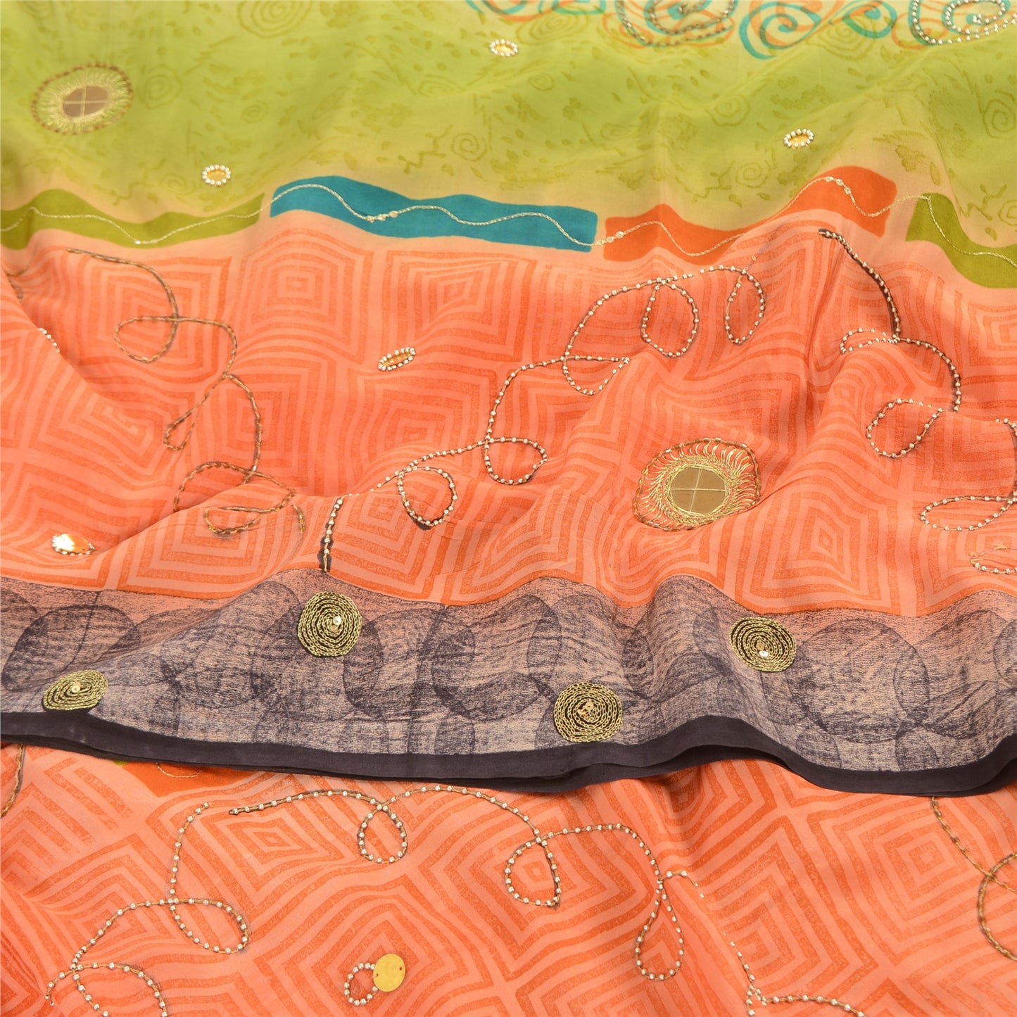 Sanskriti Vintage Sarees Green/Peach Hand Beads Pure Crepe Print Sari 5yd Sustainable Fabric