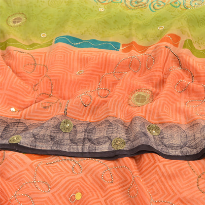 Sanskriti Vintage Sarees Green/Peach Hand Beads Pure Crepe Print Sari 5yd Sustainable Fabric