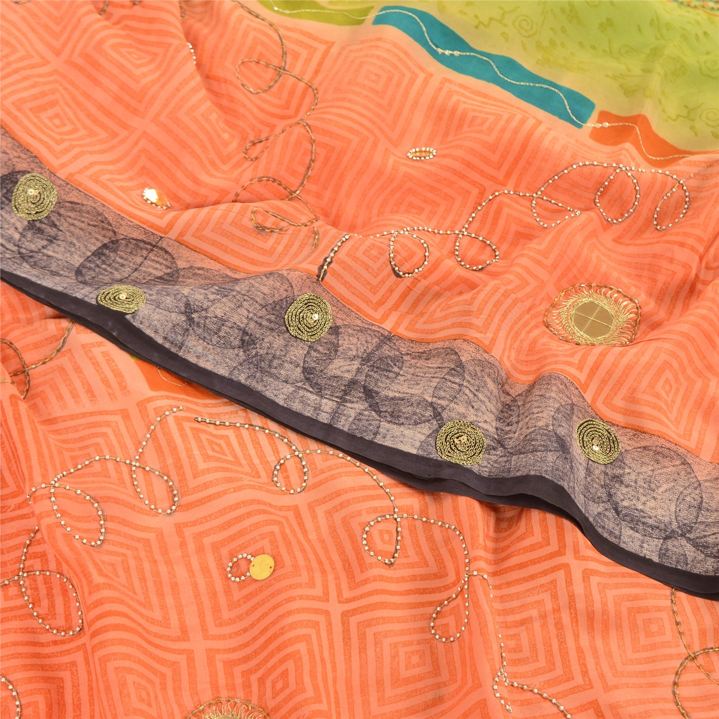 Sanskriti Vintage Sarees Green/Peach Hand Beads Pure Crepe Print Sari 5yd Sustainable Fabric