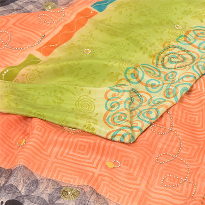 Sanskriti Vintage Sarees Green/Peach Hand Beads Pure Crepe Print Sari 5yd Sustainable Fabric