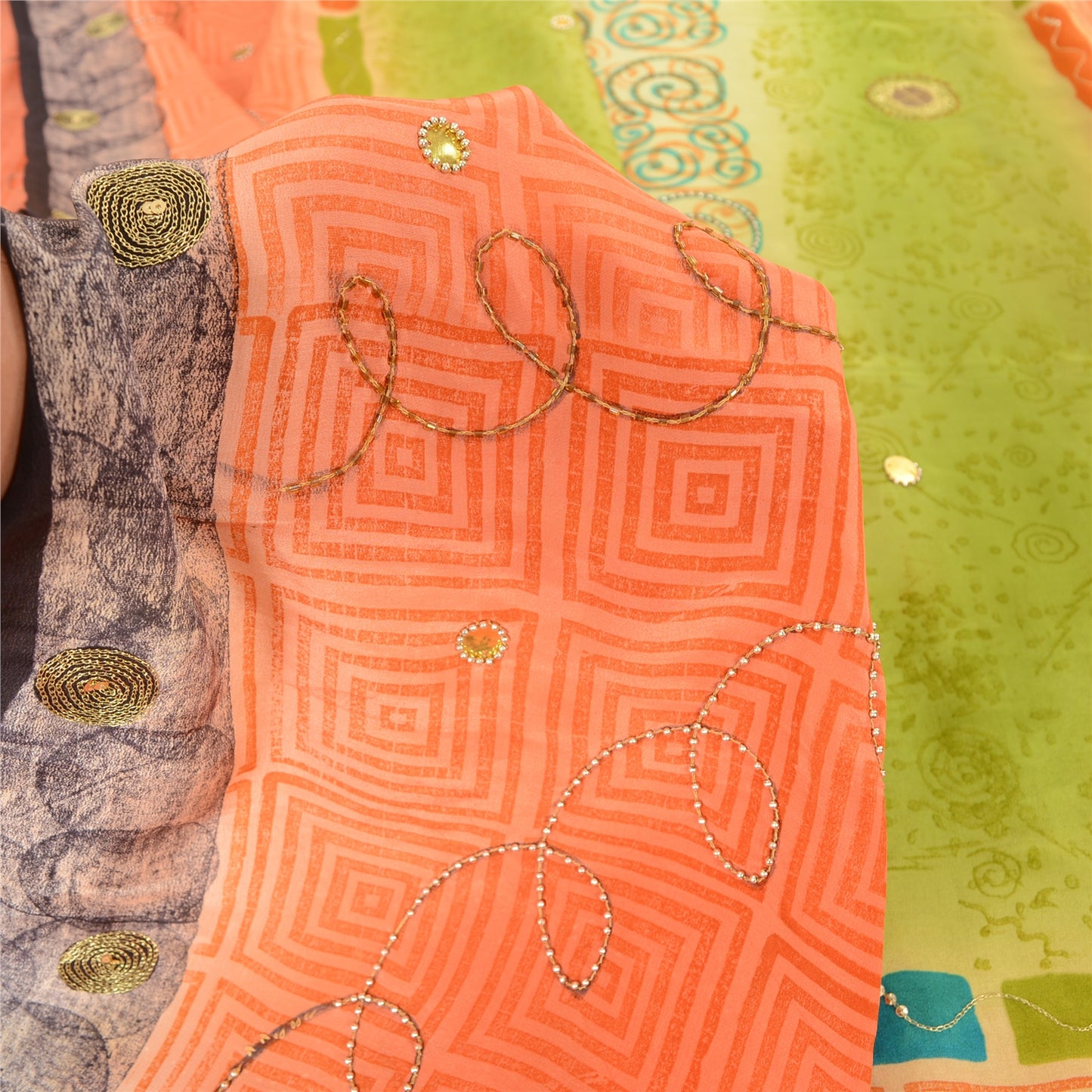 Sanskriti Vintage Sarees Green/Peach Hand Beads Pure Crepe Print Sari 5yd Sustainable Fabric