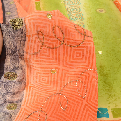 Sanskriti Vintage Sarees Green/Peach Hand Beads Pure Crepe Print Sari 5yd Sustainable Fabric