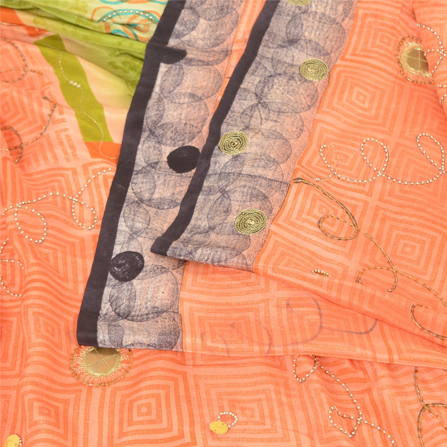 Sanskriti Vintage Sarees Green/Peach Hand Beads Pure Crepe Print Sari 5yd Sustainable Fabric