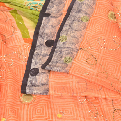 Sanskriti Vintage Sarees Green/Peach Hand Beads Pure Crepe Print Sari 5yd Sustainable Fabric