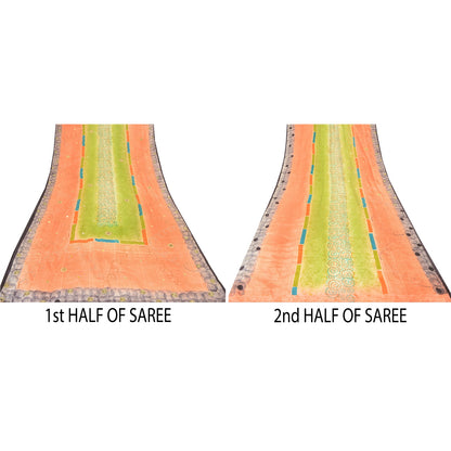 Sanskriti Vintage Sarees Green/Peach Hand Beads Pure Crepe Print Sari 5yd Sustainable Fabric