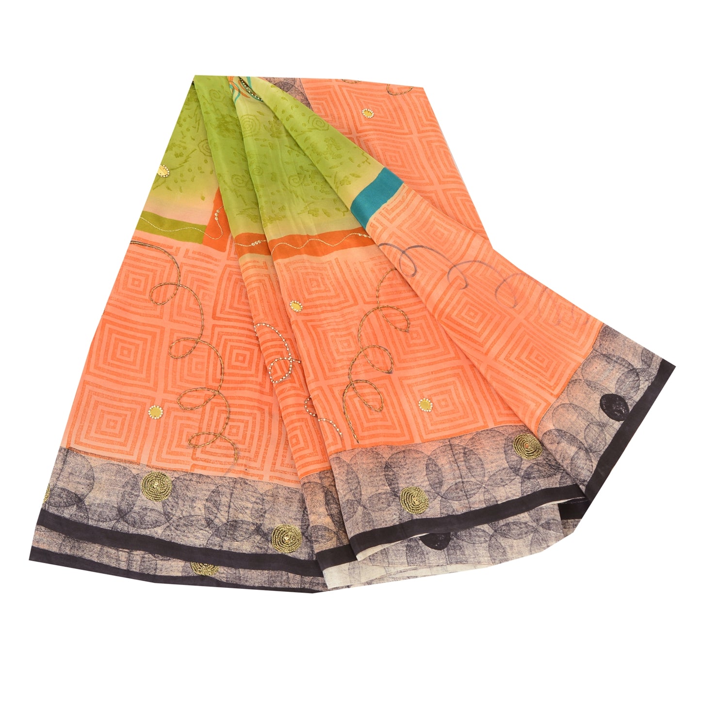 Sanskriti Vintage Sarees Green/Peach Hand Beads Pure Crepe Print Sari 5yd Sustainable Fabric